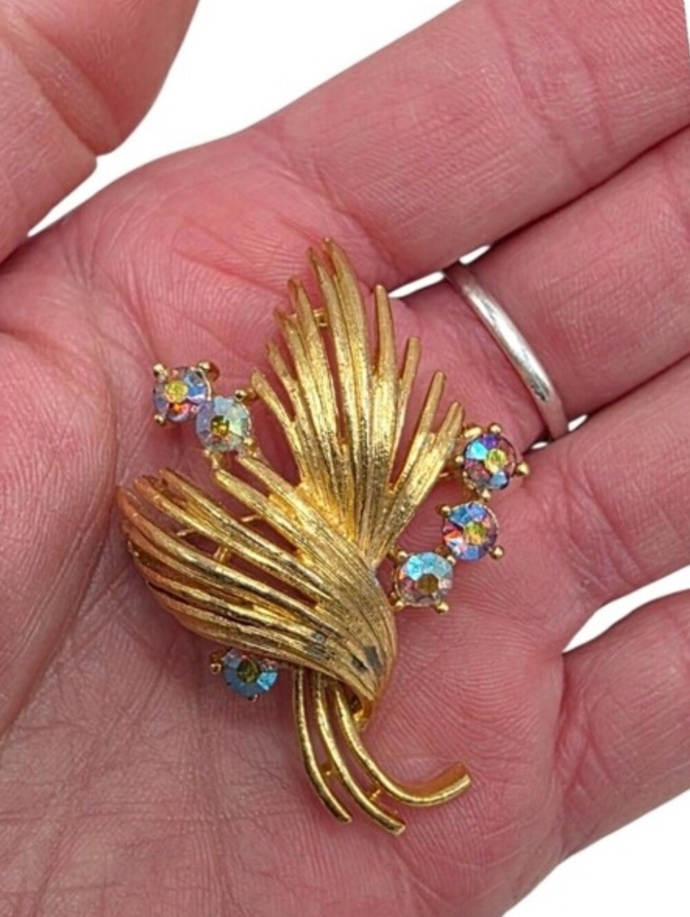 Vintage Lisner AB Rhinestone Brooch Gold Tone Floral Spray 1950s 60s
